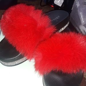 Akira red fur slides with rhinestones size 6